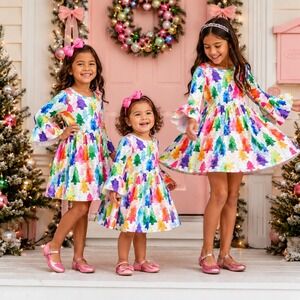 Girls Rainbow Christmas Tree Twirl Dress | Long Sleeve Holiday Dress Colorful 5T